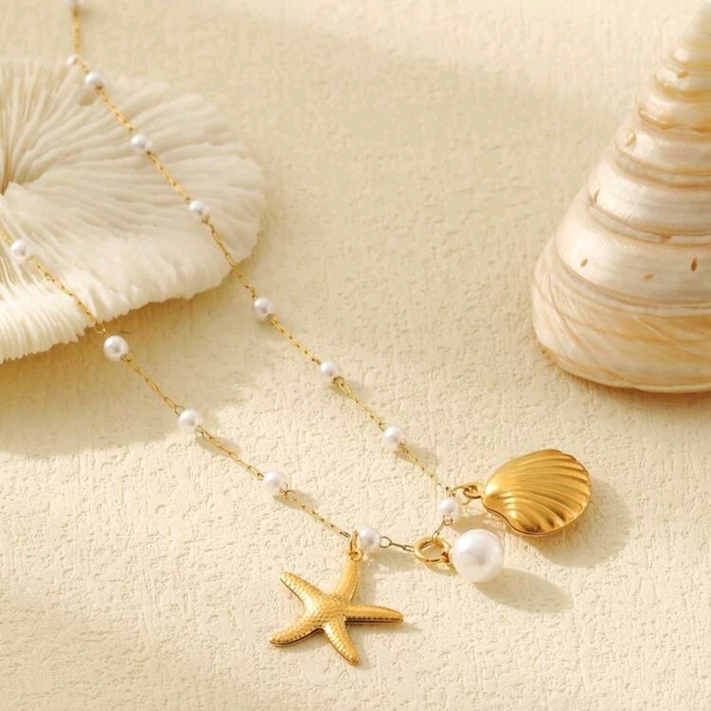 Gold and White Starfish and Shell Necklace